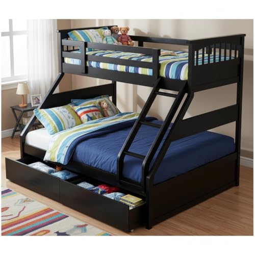 Image of APRODZ Haven Queen Size Solid Wood Bunk Bed with 2 Drawer Storage | Wooden Twin Over Bed with Ladder for Kids' Room Bedroom Living Room Home (Black Finish)