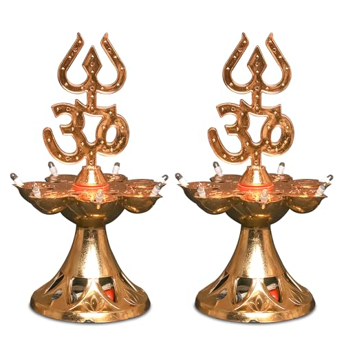 Electric Plastic Light Pooja Diya with LED Spark Home Temple Decor Electric Diya Golden Mandir Diya Diwali Diya Lamp (1 Layer 2)
