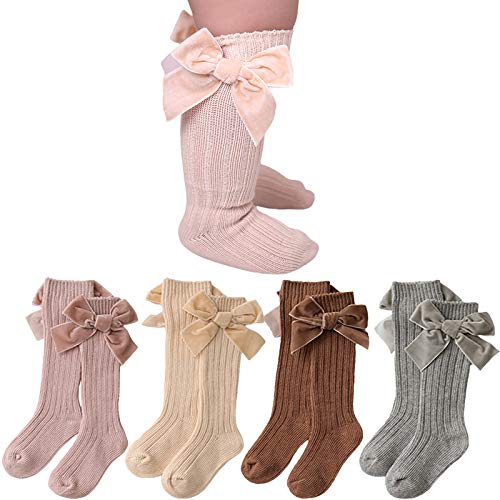 Baby Girl Knee High Socks Newborn Bow Knit Socks Infant Dress Socks Tube Uniform Stockings (0-12 Months,4-Pack)