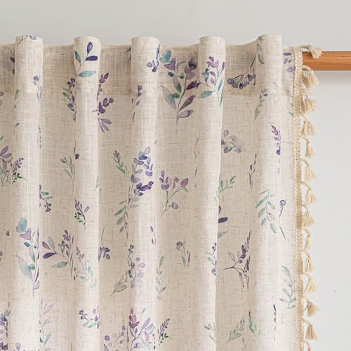 Image of MYSKY HOME Floral Linen Boho Curtains 96 Inches Length for Living /Dining Room Spring Vintage Farmhouse Printed Light Filtering Window Curtain Panels with Tassel Back Tab, W50, Purple, Pack-2