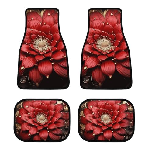 Tapis de voiture antidérapants à motif fleuri rouge et or pour une protection totale