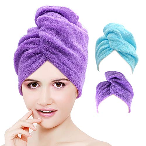 CORVYUC 2 Pack Bamboo Hair Towel Wrap for Women - Quick Dry Hair Turban with Button - Super Absorbent and Soft Twist Towel for Instant Drying Curly, Long & Thick Hair (Blue and Purple)