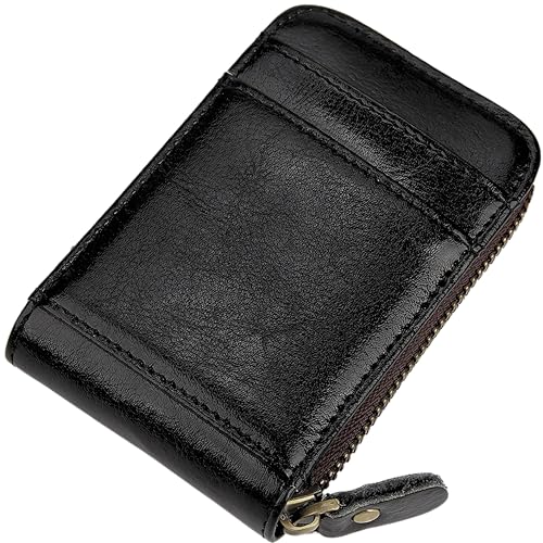 13 Card Slots Genuine Leather Minimalist Zipper Accordion Purse, Slim Multi Pockets Zip Around Wallet with Key Ring Strap, Compact Card Organizer with Key Ring Strap (Black)