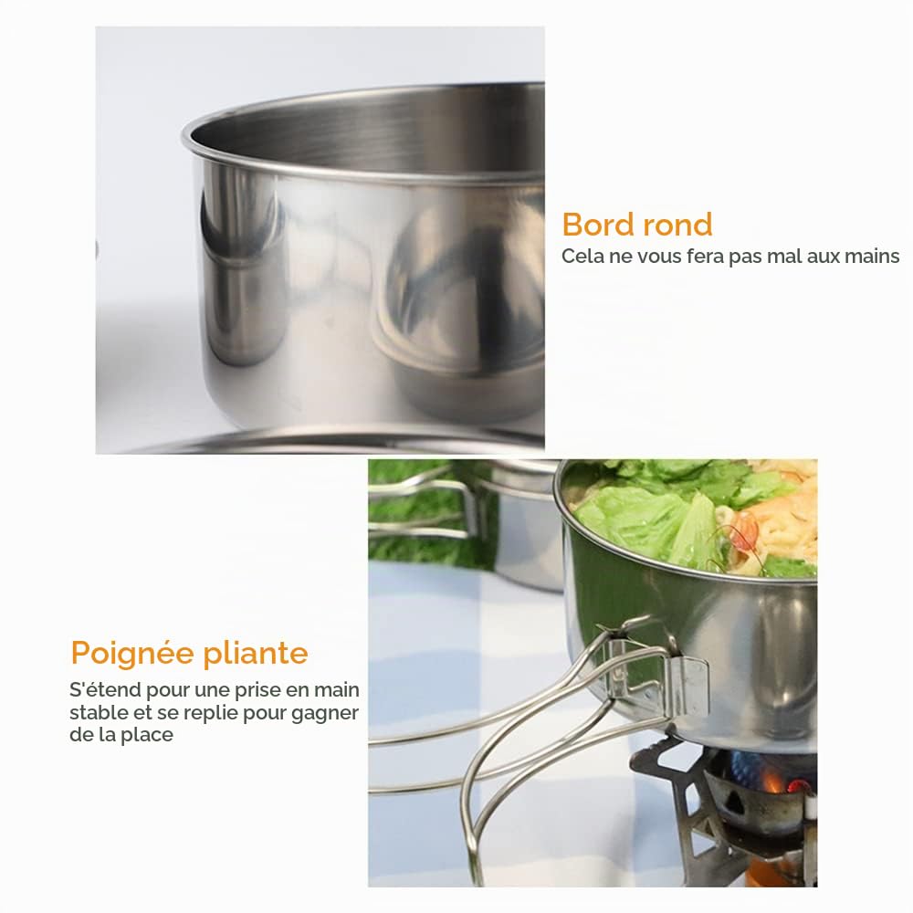 Lixada Kit de Casseroles Camping Batterie de Camping en Acier Inoxydable Set Ustensiles et Casseroles pour la Randonnée la Cuisine