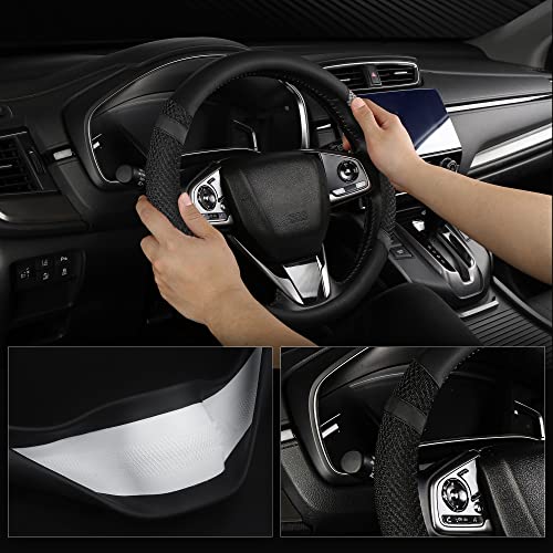 BOKIN Leather Steering Wheel Cover with Breathable Microfiber and Viscose for Men Women,Universal 14.5-15 Inch Anti-Slip Odorless Black Car Wheel Protector