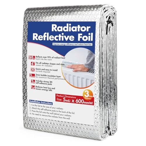 Radiator Reflector Foil Insulation – 5m x 60cm Heat Reflective Radiator Foil Roll – Energy-Saving Radiator Heat Deflector Panel – Easy to Cut & Install, Includes Sticky Pads