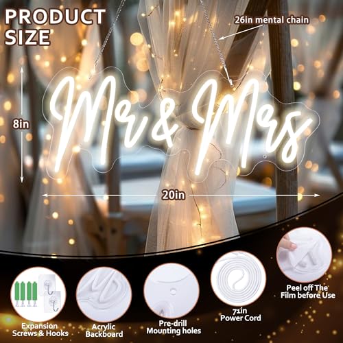 Image of 20in Mr and Mrs Wedding Neon Signs-Adjustable USB Mr and Mrs Light Up Sign Neon Wedding Decor Signs Backdrop Decorations for Reception Anniversary Engagement Gifts