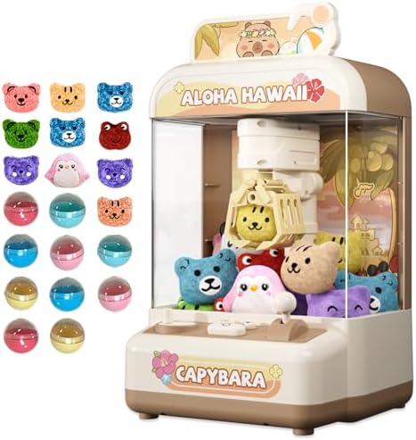 Capybara Mini Claw Machine for Kids, Battery Operated Arcade Game with 20 Prizes (10 Plush, 10 Capsules), Portable Cordless Candy Grabber Toy with Mute Mode, Birthday Gift for Girls Boys 3+
