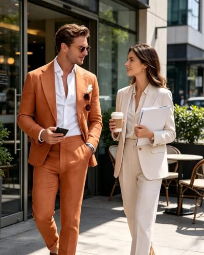 Image of Men's Linen Suit 2 Piece Slim Fit Summer Beach Wedding Prom Party | Breathable,Linen Blazer Suit Set,for Beach Weddings,Groom Wear,Prom and Outdoor Parties,Business Casual,Vacation Daily Wear
