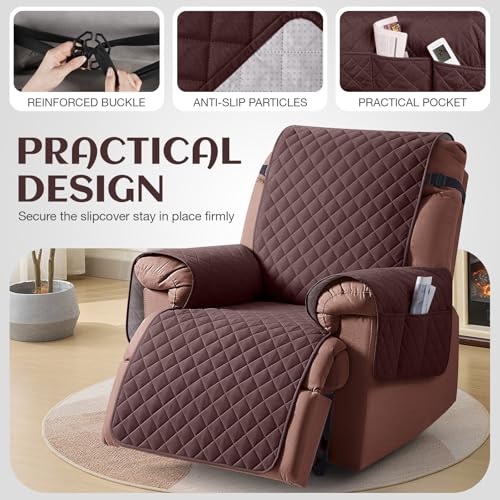 Image of KinCam 100% Waterproof Recliner Chair Cover, Reclining Couch Covers for Pets, Dogs, Recliner Couch Slipcover Furniture Protector with Elastic Straps for Kids(28 inch, Coffee)