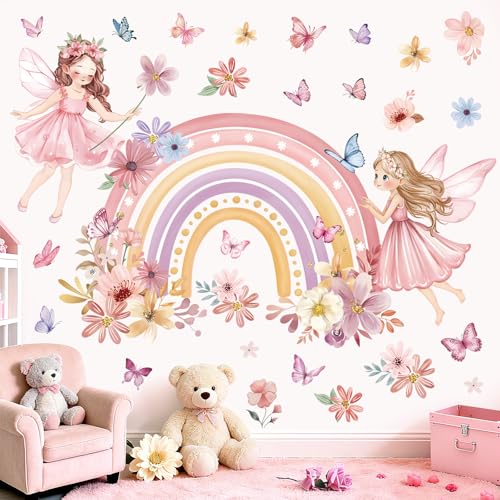 wondever Stickers Muraux Rose Fille Arc en Ciel Autocollants Muraux Mural Stickers Elfes Fleur Papillons pour Chambre Enfants Fille Bébé Pépinière