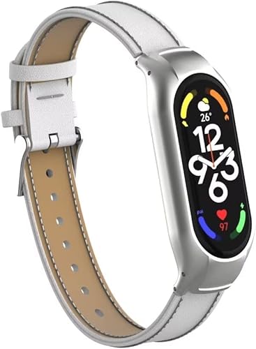 Miniatura 6 de Compatible con Xiaomi Mi Band 7, correa de repuesto de cuero con marco de metal para pulsera inteligente Xiaomi Mi Band 7, color blanco