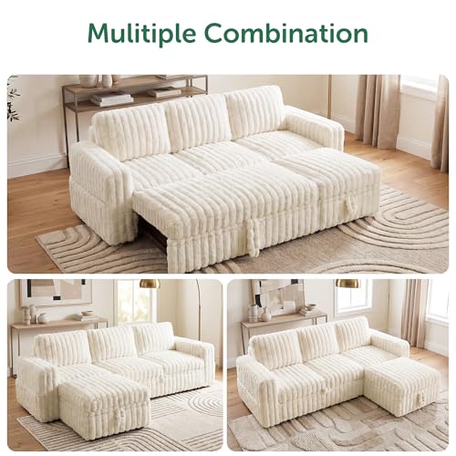 Image of HONBAY Plush Corduroy Modular Sectional Sofa with Pull Out Bed L Shaped Sleeper Sofa with Storage Sectional Couches for Living Room,Plush Beige