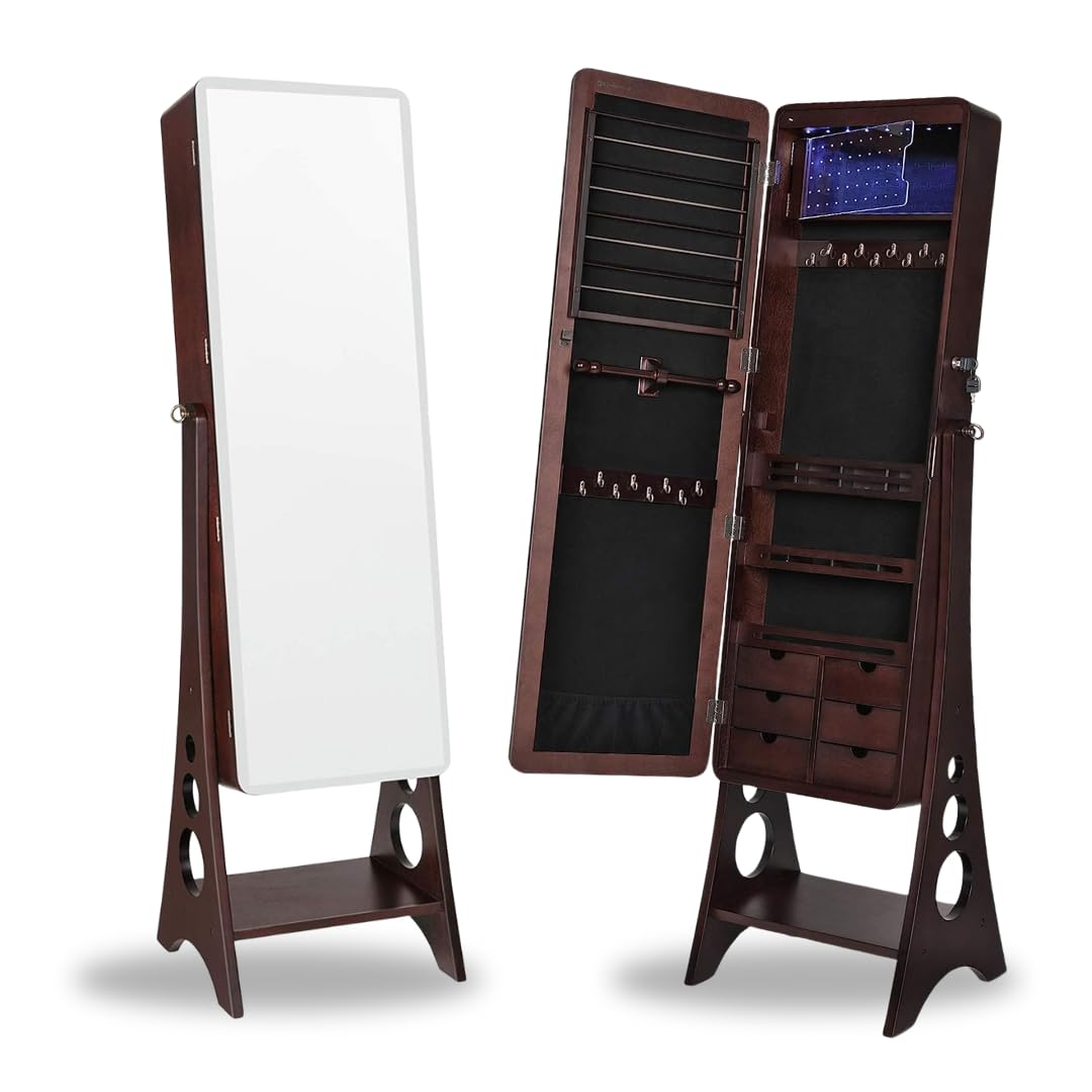 Hives and Honey Aria Standing Jewelry Armoire Mirror – LED Lit, Velvet Interior, Lockable, Ample Storage, Beveled Full-Length Mirror, Space-Saving Design, Walnut