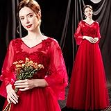 HUANLIAN Rote Winterbraut Brautkleid V-Ausschnitt Langarm Lange Abend Formale Partykleid,XS,Red