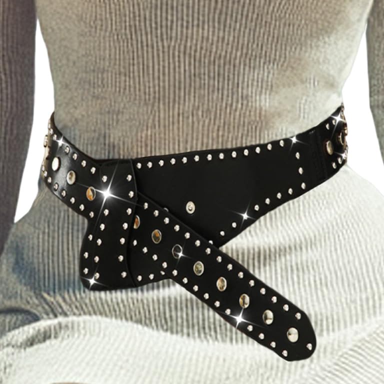 Nicute Rivets Wide Belts Black Leather Punk Waist Belt Fashion Chunky Dress Belt for Women