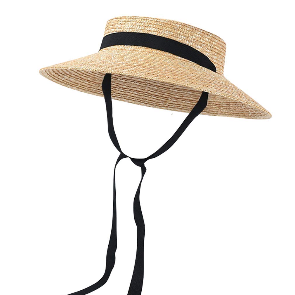GEMVIE Women's Flat Top Boater Straw Hat Wide Brim Sun Protection Beach Straw Hats with Adjustable Chin Strap Beige