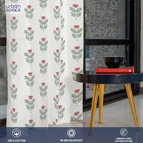 Image of Urban Space 100% Cotton Floral Curtains 8 Feet Long Set Of 2, 60-65% Room Darkening, Decorative Curtains With Eyelets /Rings For Hanging, Tieback Included (Amara Dark Pink, Long Door - 8 Feet)