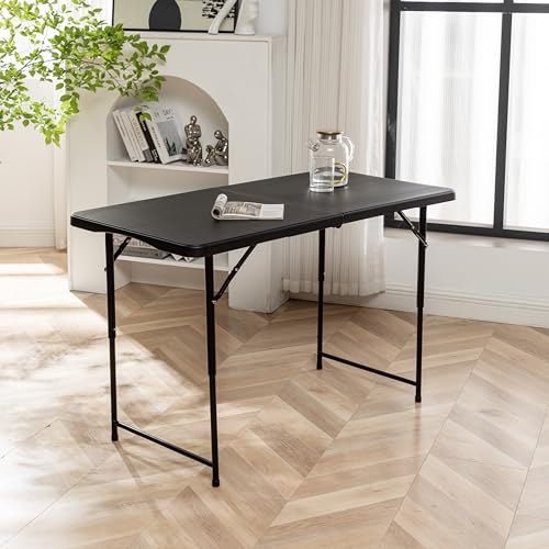 Image of BTEXPERT Set of 5, Fold-in-Half Folding Utility Table 4Feet Lightweight Height Adjustable Portable Carrying Handle Indoor Outdoor Picnic Camping Office Home Party Easy to Clean Store Care Black