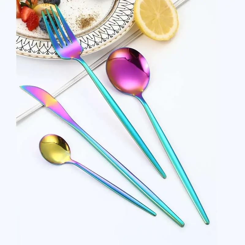 Image of Rainbow Silverware Set | Satin Finish French Style 48-Piece Stainless Steel Flatware Set with Giftable Box | Dishwasher Safe Tableware for Home, Restaurant & Corporate Gifting