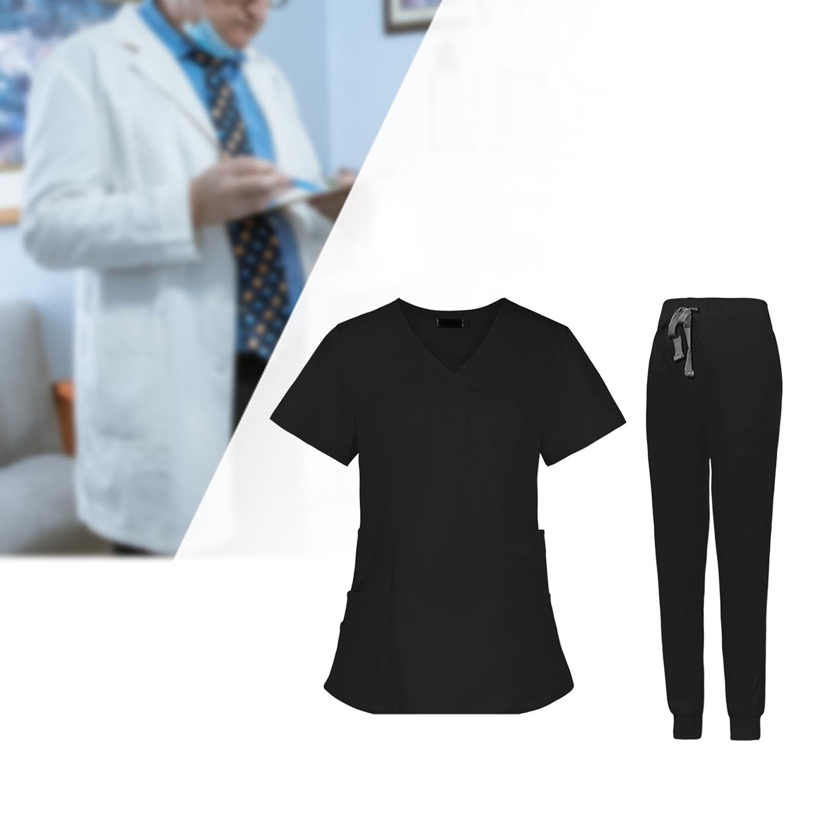 Berufsbekleidung für Krankenschwestern, Jogginghose Und Kasack, Knitterfrei, für Spa Und Kosmetik, Maschinenwaschbar, V Ausschnitt, Schwarz, l