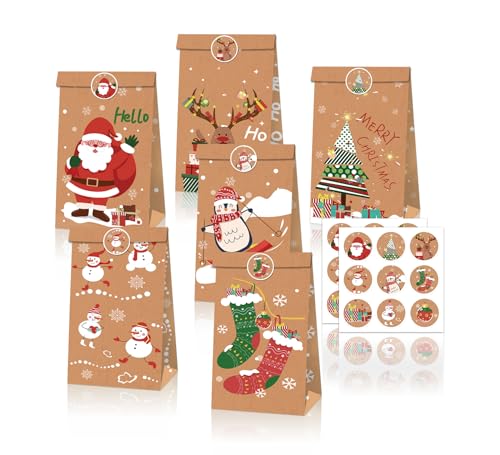 Notwoe 12 sacos de presente de Natal, sacos de presente personalizados com pinguim de Natal, sacos de papel de Natal para doces de aniversário, festas, mercados. (castanho-a12)