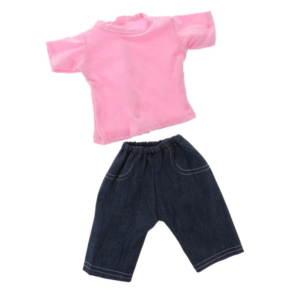 UJEAVETTE Dollhouse Accessories Casual Pink Short Sleeve T-Shirt and Jeans Suit for 18'' Doll