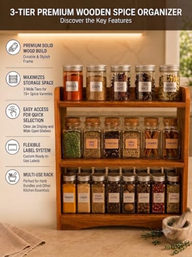 Image of 3 Tier Wooden Kitchen Organizer Rack for Countertop Storage | Multipurpose Spice Rack & Masala Stand for Seasoning Bottles, Condiments, Tea, Coffee & Daily Essentials