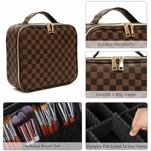 Makeup Bag,3 Pcs Brown Checkered Bags Set,Portable with Adjustable Partition,Large Capacity Pouch for Travel Cosmetic Organizer, Makeup Brushes,Waterproof, Toiletries,Designer for Gift,Checkered3