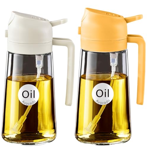 YARRAMATE 2Pcs 16oz/470ml 2 in 1 Oil Sprayer for Cooking with Stickers, Food-grade Glass Oil Spray Bottle, Oil Dispenser and Oil Sprayer for Kitchen, Salad, Frying, BBQ (White & Orange)