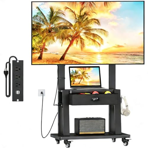 Rolling TV Stand with Power Outlet,TV Cart with Fabric Drawer for 23-75 inch Flat/Curved Screen Up to 120lbs,Adjustable Height Mobile TV Stand with Wheels,for Indoor Outdoor,Max VESA 600x400mm