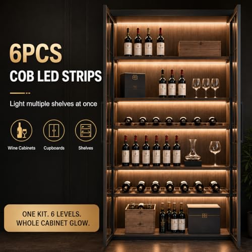 Image of COB LED Strip Lights, 6 in 1 Dimmable Touch Control Under Cabinet Lights, 12V Under Cabinet Lighting Kit, Cuttable Self-Adhesive LED Strips for Display Cabinets, Wardrobes, Kitchen, Shelf Lighting
