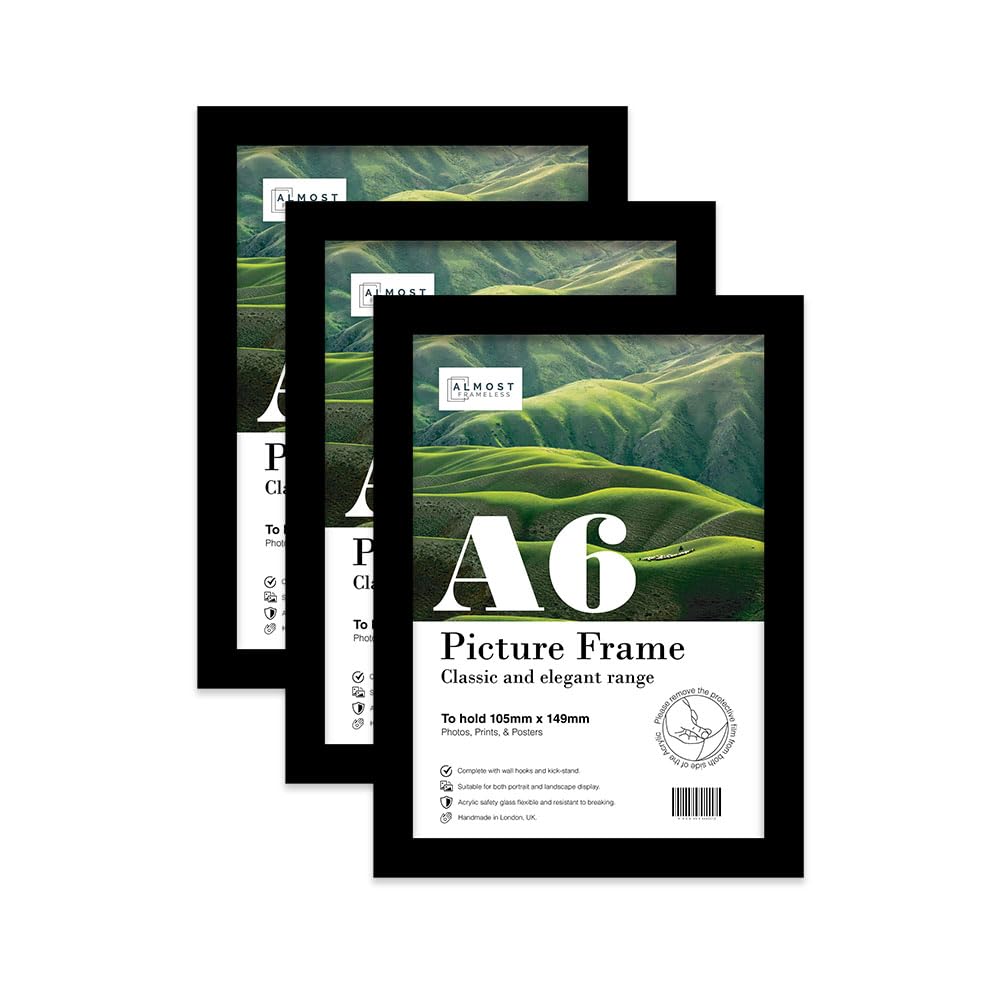 Almost Frameless A6 Black Picture Frame Set of 3, Display A6 Picture Gallery Wall, Poster, Photo, Artwork, or Print, Yellow