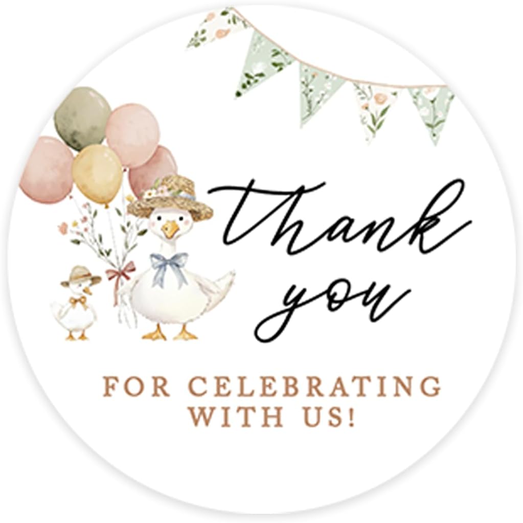Andaz Press 2 Inch A Little Silly Goose Baby Shower Stickers for Favors, Candy, Envelopes, Goose Baby Shower Decorations, Vintage Pennant Balloon Thank You for Celebrating with Us Stickers, 40 Pack