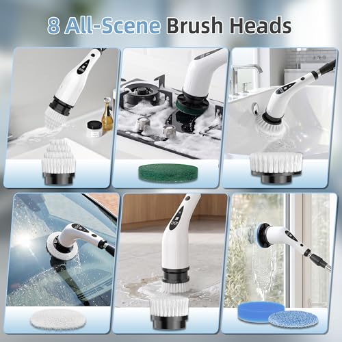 Image of Electric Spin Scrubber, 3-Speed Flat End Brush with 8 Brush Heads & Base, IPX7 Waterproof, Adjustable Long Handle, Digital Display, 2500mAh Fast Charging, for Bathroom, Tub, Tile, Floor