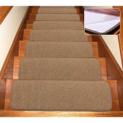 Seloom Non-Slip Stair Treads Carpet for Indoor Wooden Steps, Removable Residue Free Stair Rugs Covers with Anti-Slip Rubber Backing (30x8in,Brown,13pcs) Cover
