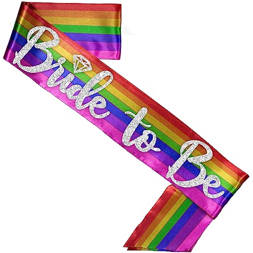 Rainbow Bride Gay Wedding Sash - Premium Quality BRIDAL GRADE SATIN Silver with Diamond Motif Bride To Be - Bridal Sash LGBTQ+ Pride, Lesbian Sash (DiamB2B Slv) RBW2