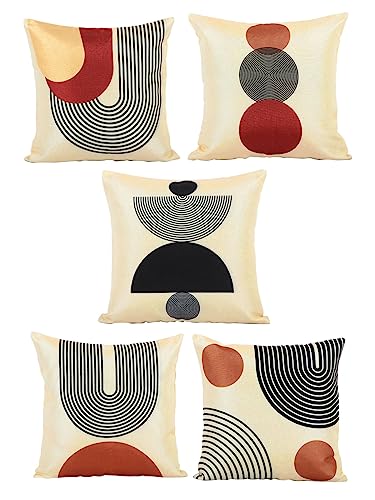 Image of ROMEE Designer Geometric Printed Cushion Covers 16 inch x 16 inch Set of 5 | Decorative Square Jute Throw Pillow /Cushion Cover for Living Room, Sofa, Couch, Bedroom (Beige)