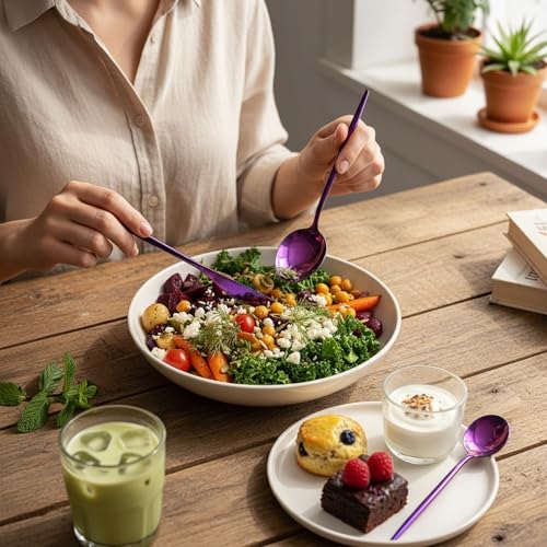 Image of 12 Pcs Pink Slim Handle Stainless Steel Cutlery Set for Dining Table with Spoons and Forks Set + Butterknives - The Perfect Tableware /Flatware