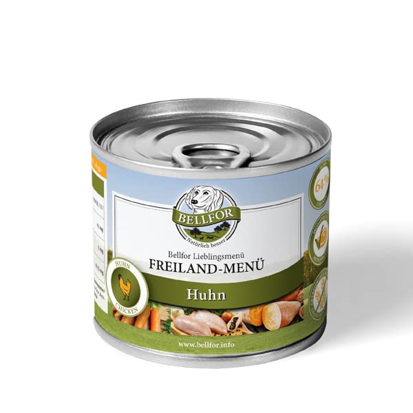 Bellfor Freiland-Menü Getreidefreies Nassfutter für Hunde mit Huhn 6 x 200 g, Hundefutter ohne Getreide und ohne Zuckerzusätze, Qualitätsernährung für Ihren Vierbeiner