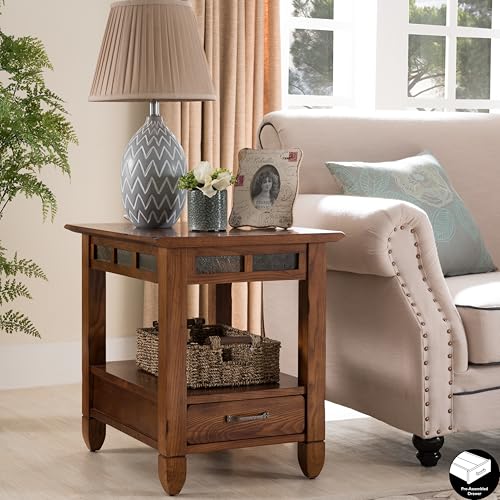Image of Leick Home 10907 Slatestone One Drawer Rustic Oak End Table, Distressed Rustic Oak