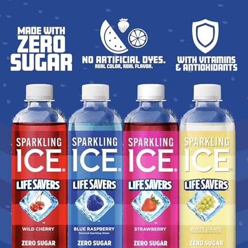 Image of Sparkling Ice LIFE SAVERS Red, White and Blue Variety pack, Zero Sugar Flavored Sparkling Water, with Vitamins and Antioxidants, Low Calorie Beverage, 17 fl oz Bottles (Pack of 12)