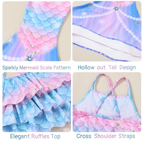 Image of Redair Mermaid Girls Bathing Suit 3PCS Ruffle Top Bikini Bottoms Swimsuit Kids Beach Pool Swimwear 3-11Y