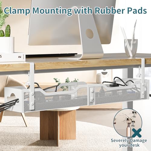Image of Under Desk Cable Management Tray White, Litwaro Cable Management Under Desk No Drill, 25'' Cable Tray with Clamp for Wire Management, Cord Organizer for Office, Home - No Damage to Table