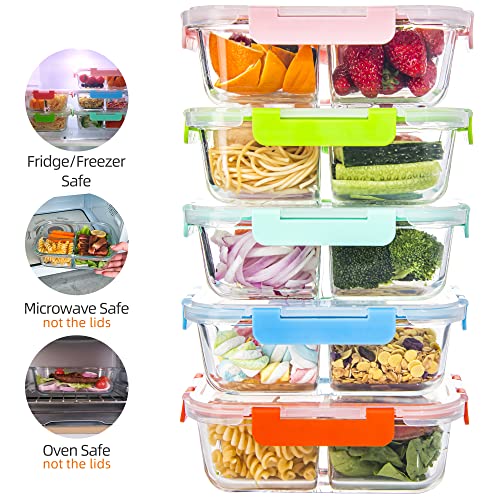 Glass Food Storage Containers 3 Compartment With Lids (5 Pack, 34Oz), Divided Glass Meal Prep Containers For Lunch At Work, Leak-Proof Portion Control Food Containers, Microwave/Dishwasher Safe #TOP2