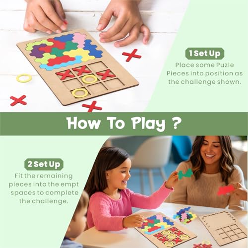 Image of SPARTAN KIDS 3D Wooden Hexagon Puzzle & Classic Tic Tac Toe Game - Montessori Educational Toy for Kids, Creative Shape Pattern Block, Two-in-One Early Learning Toy