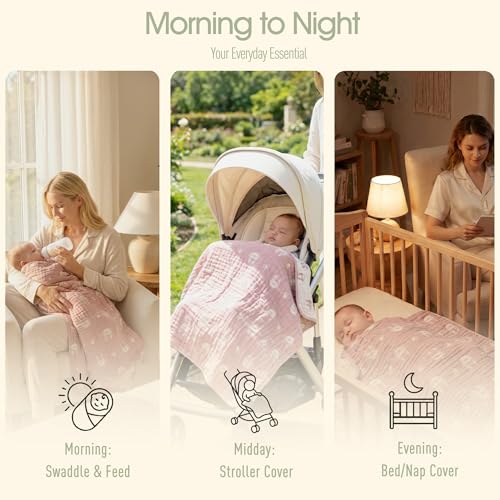 Image of 6-Layer Muslin Baby Blanket Made with Organic Cotton - Cute Bunny Rabbit Jacquard Swaddle & Crib Quilt, 43 inchx 43 inch,Blush Pink Bunny