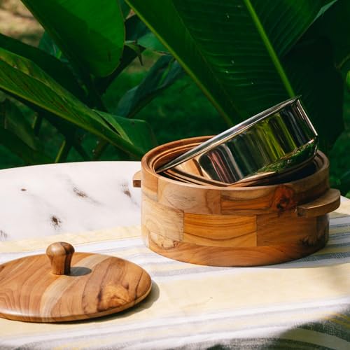 Image of Wooden Chapati Box: Teak Wood Casserole - Detachable ss Insulated Bowl - Keeps rotis Warm & Fresh, Perfect for Serving hot chapatis. A Must-Have for Elegant Kitchen decor