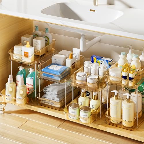 Image of Delamu 2-Tier Under Sink Organizers and Storage, Multi-Purpose Stackable Bathroom Cabinet organizers, Pull Out Kitchen Pantry Organization and Storage with Dividers(4 Pack, Amber)