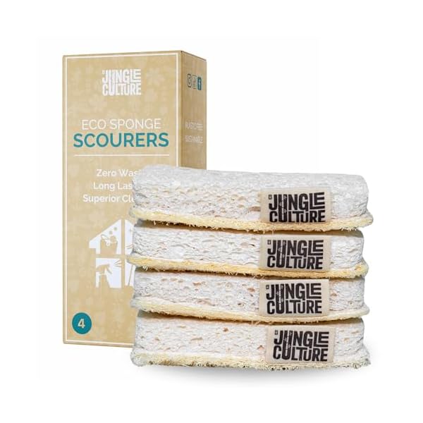 Jungle Culture Eco Sponge Set of 4 • Eco Friendly Natural Dishwashing Sponges • Non-Scratch, Biodegradable & Durable • Double Sided Loofah Kitchen Scourer • Compostable & Reusable Washing Up Sponges
